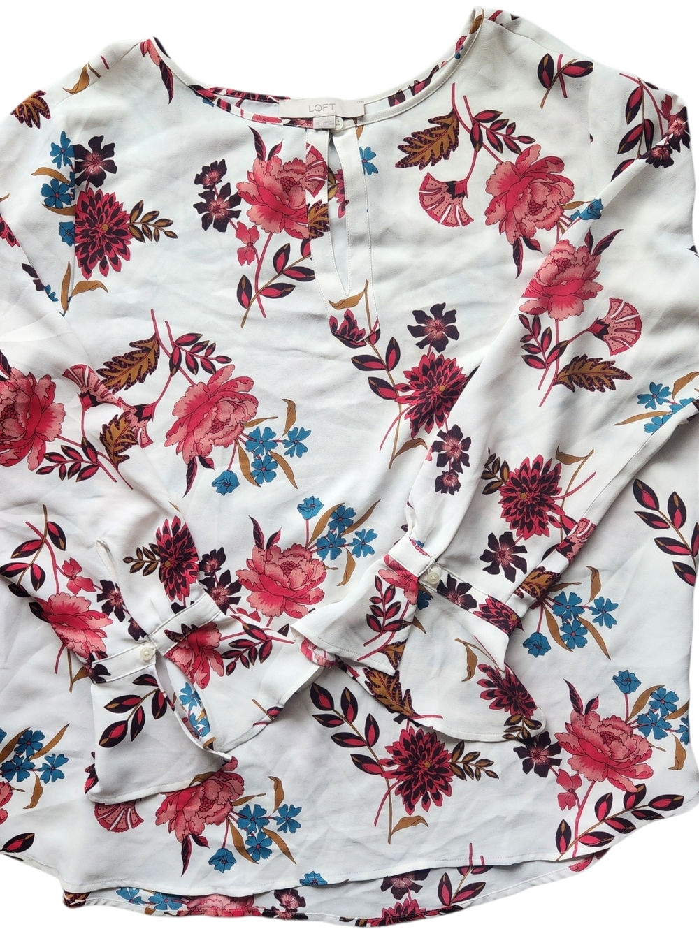 LOFT White Blouse with Pink Floral and Blue Accents Button Bell Sleeve